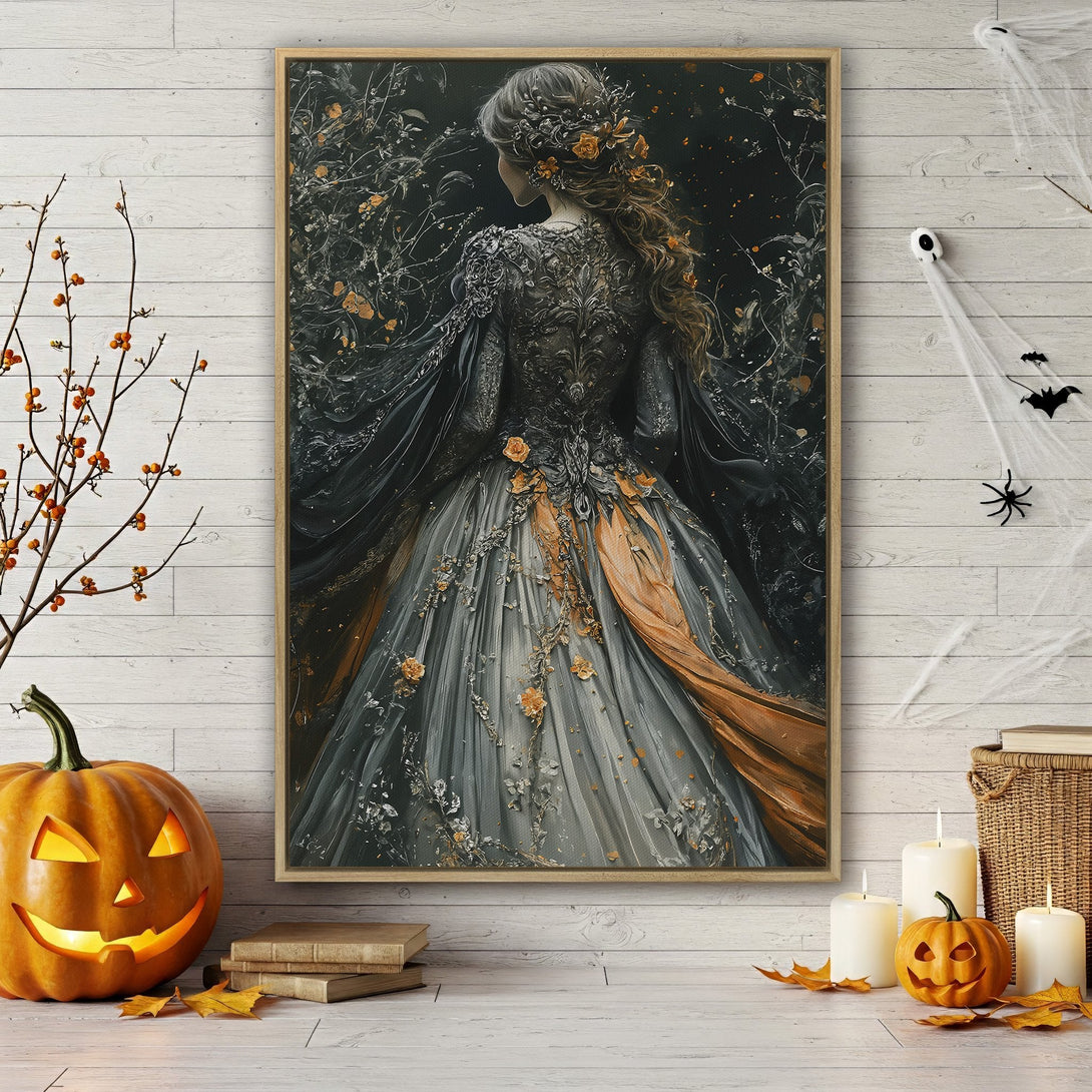 Framed Wall Art featuring a spooky figure in a dark forest scene with a full moon. Dramatic, painterly style with a blue, black, and gold color palette. Perfect Halloween decor!