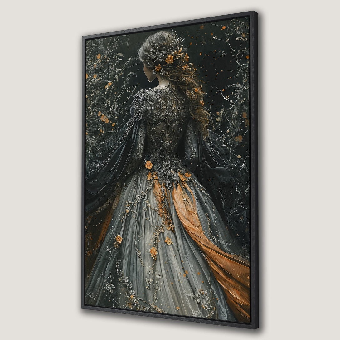 Framed Wall Art: Dark fantasy canvas print featuring a cloaked figure in a moonlit forest. Moody, dramatic artwork with a blue, black, and gold color palette.