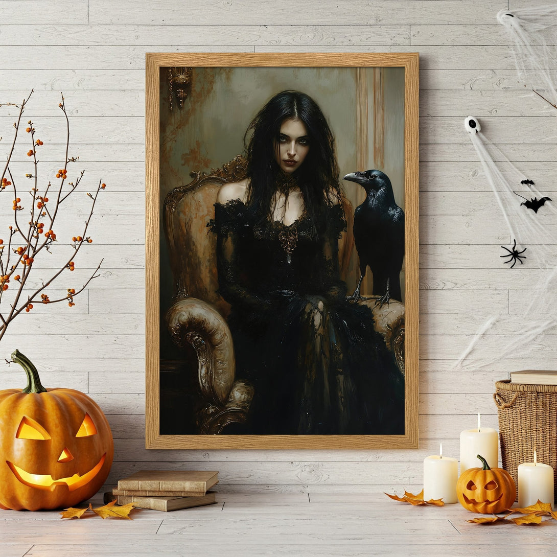 Framed Poster featuring a full moon over a dark landscape, in a moody, artistic style with a black and gold color palette. Perfect Halloween decor!