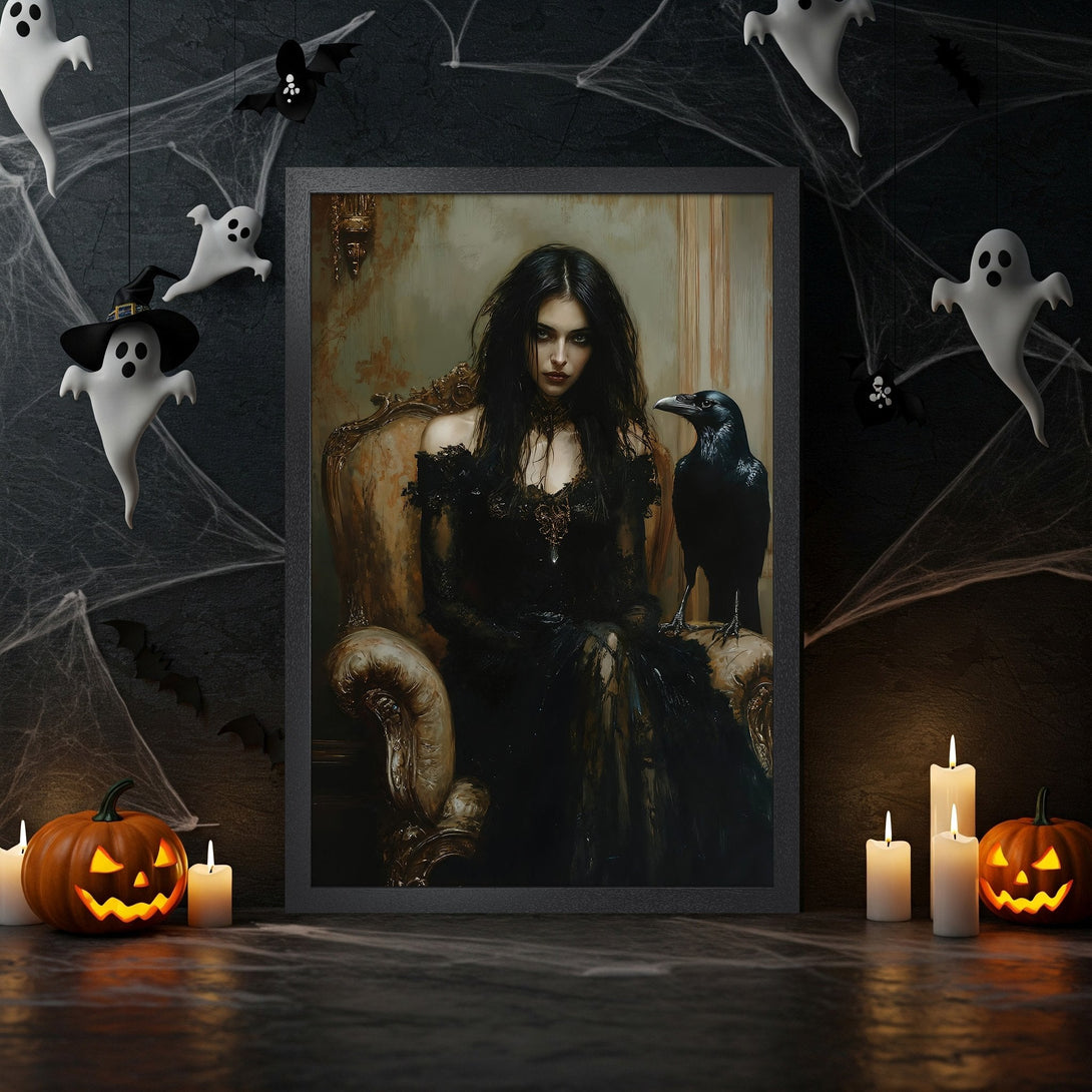 Framed Poster featuring a moonlit landscape in a dark, moody style with a warm color palette, perfect for Halloween decor.