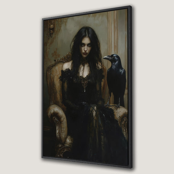 Framed Wall Art: Dramatic moonlit night scene canvas print. Black, gold, and beige color palette. Perfect for adding a touch of mystery to your space.