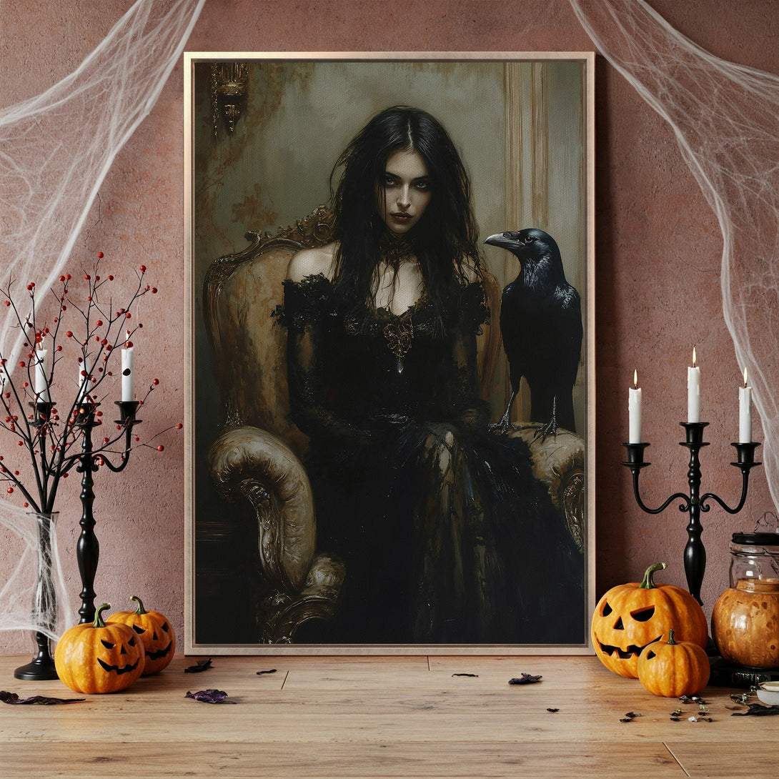 Framed Wall Art featuring a haunting moonlit landscape. Moody black, gold, and beige color palette. Perfect Halloween decor.