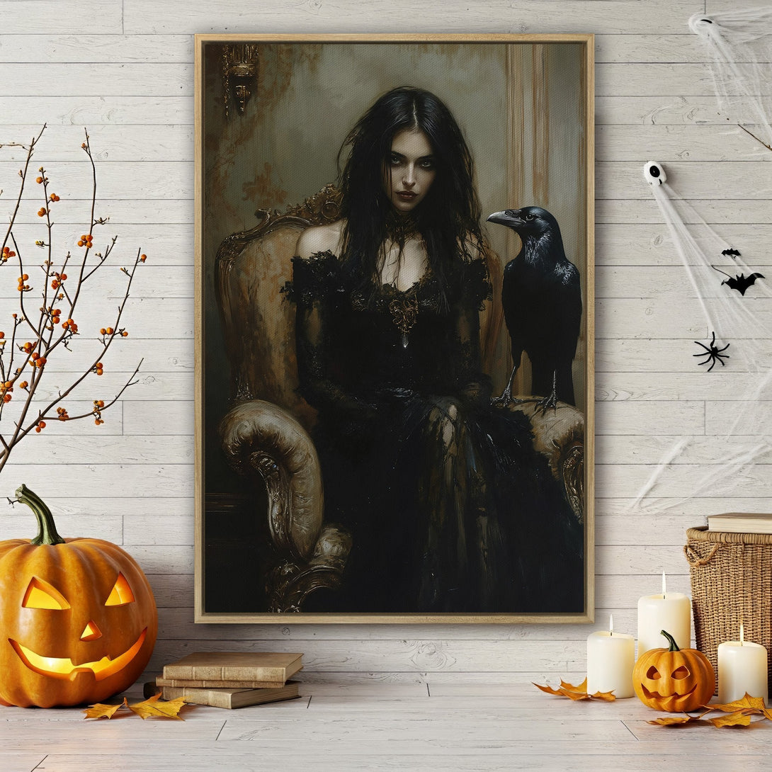 Framed Wall Art: Spooky moonlit landscape canvas print in black, gold, and beige. Perfect Halloween decor for a touch of gothic elegance.