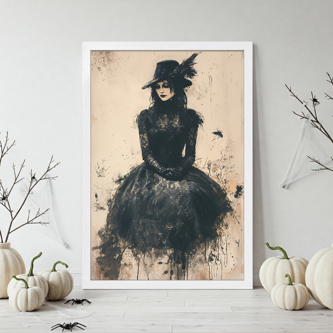 Framed Poster featuring a black crow on books, dramatic art style with warm orange and black color palette. Perfect Halloween decor!
