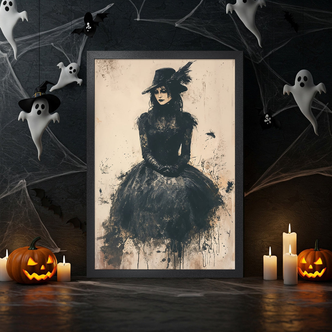 Framed Poster featuring a raven on books, a dark and moody painting style with a warm orange and black color palette, perfect for Halloween decor.