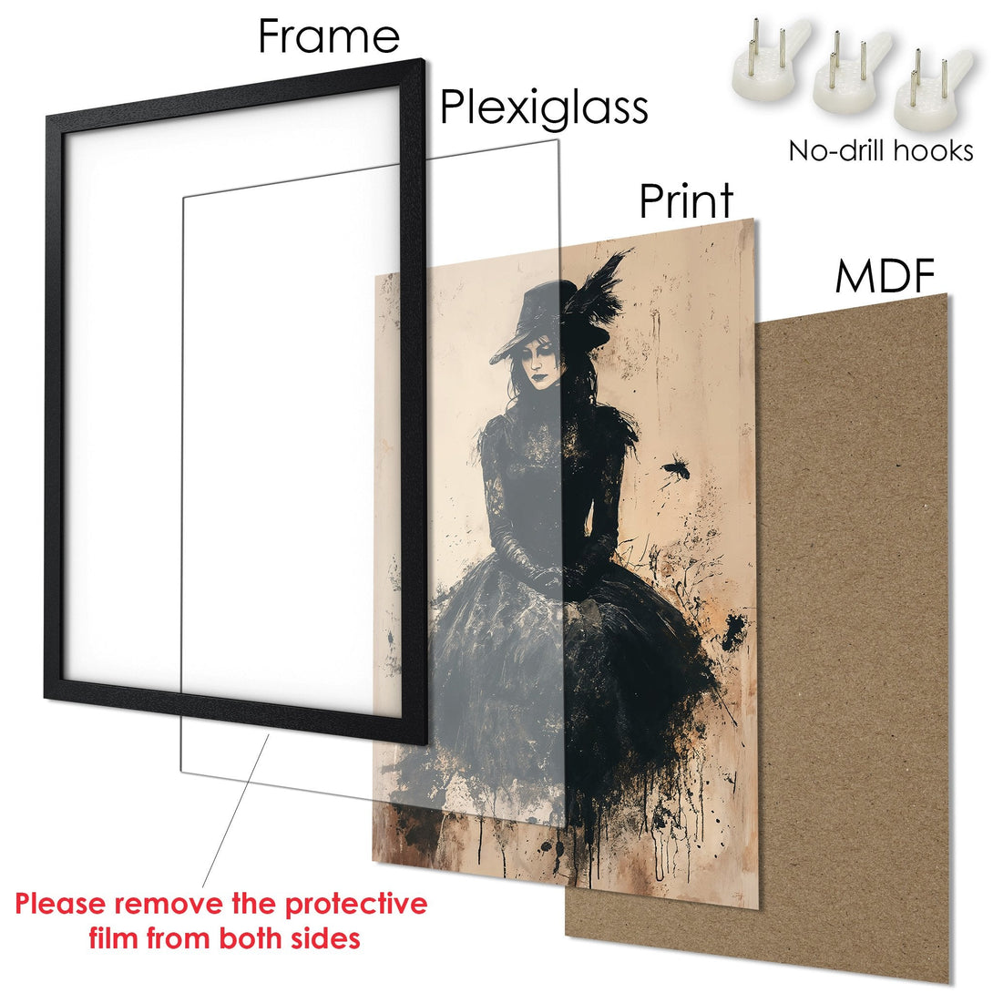 Framed Poster featuring a raven on books, in a dark, warm color palette. Perfect wall art for any room!