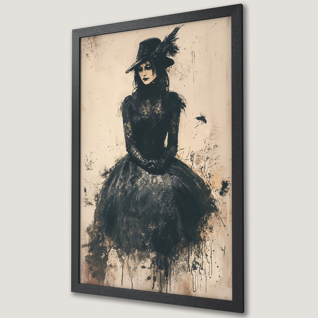 Framed Poster featuring a raven on books, abstract art style, warm orange and black color palette.