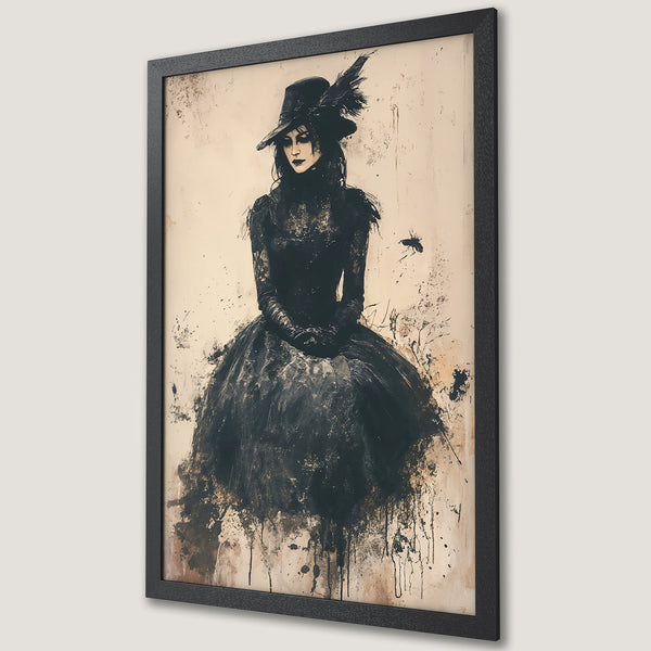 Framed Poster featuring a raven on books, abstract art style, warm orange and black color palette.
