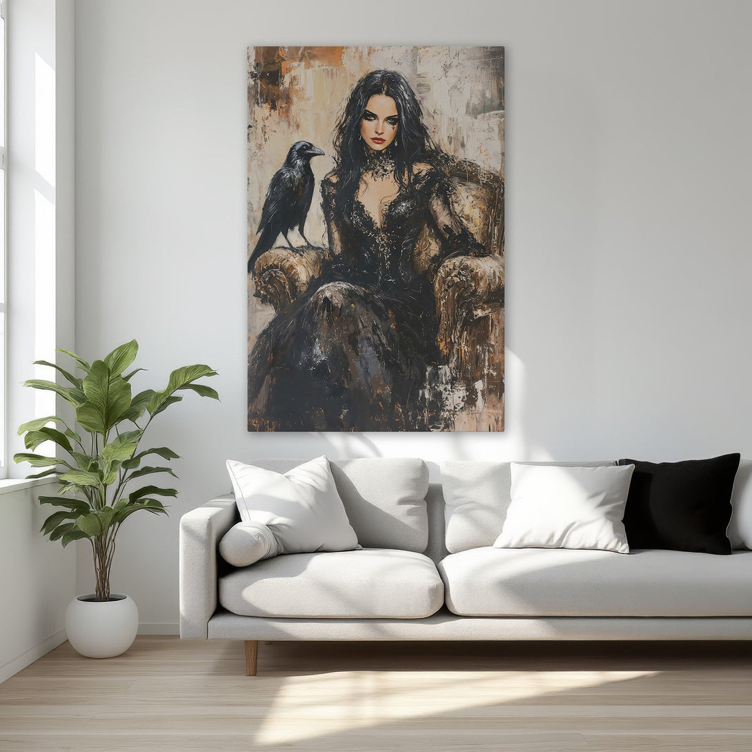 Framed Wall Art: Gothic woman portrait with raven, dark, moody, and elegant. Black, gold, and neutral tones. Perfect statement piece for your bedroom.