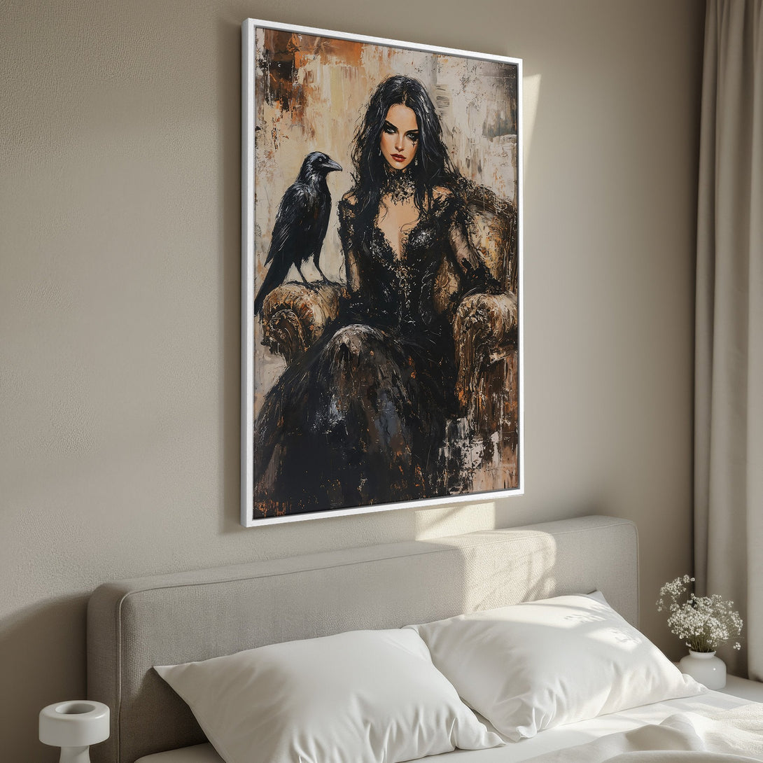 Framed Wall Art featuring a gothic woman with a raven. Dark, moody painting in black, cream, and red tones. Perfect for adding a touch of mystery.