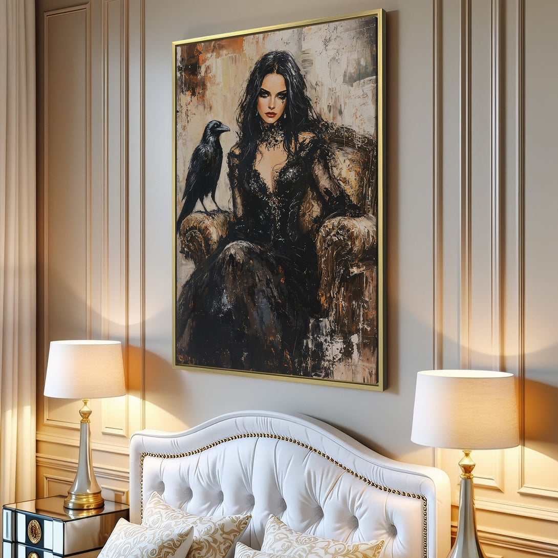 Canvas Print of a gothic woman with a raven, featuring a moody, dark color palette. Perfect wall art for a dramatic interior.