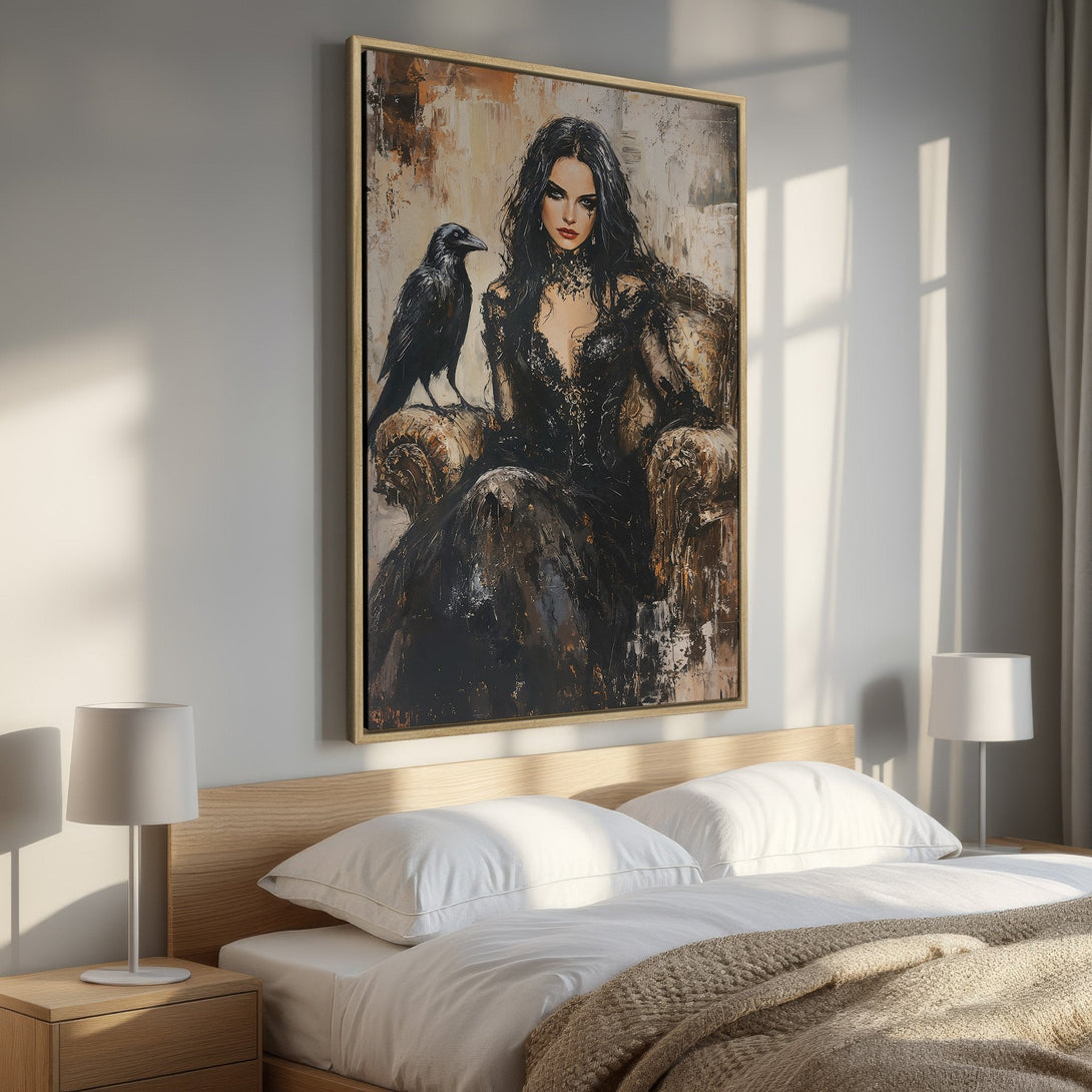 Framed Wall Art: Gothic portrait of a woman with a raven, in a dark, moody color palette. Elevate your space with this stunning Canvas Print.