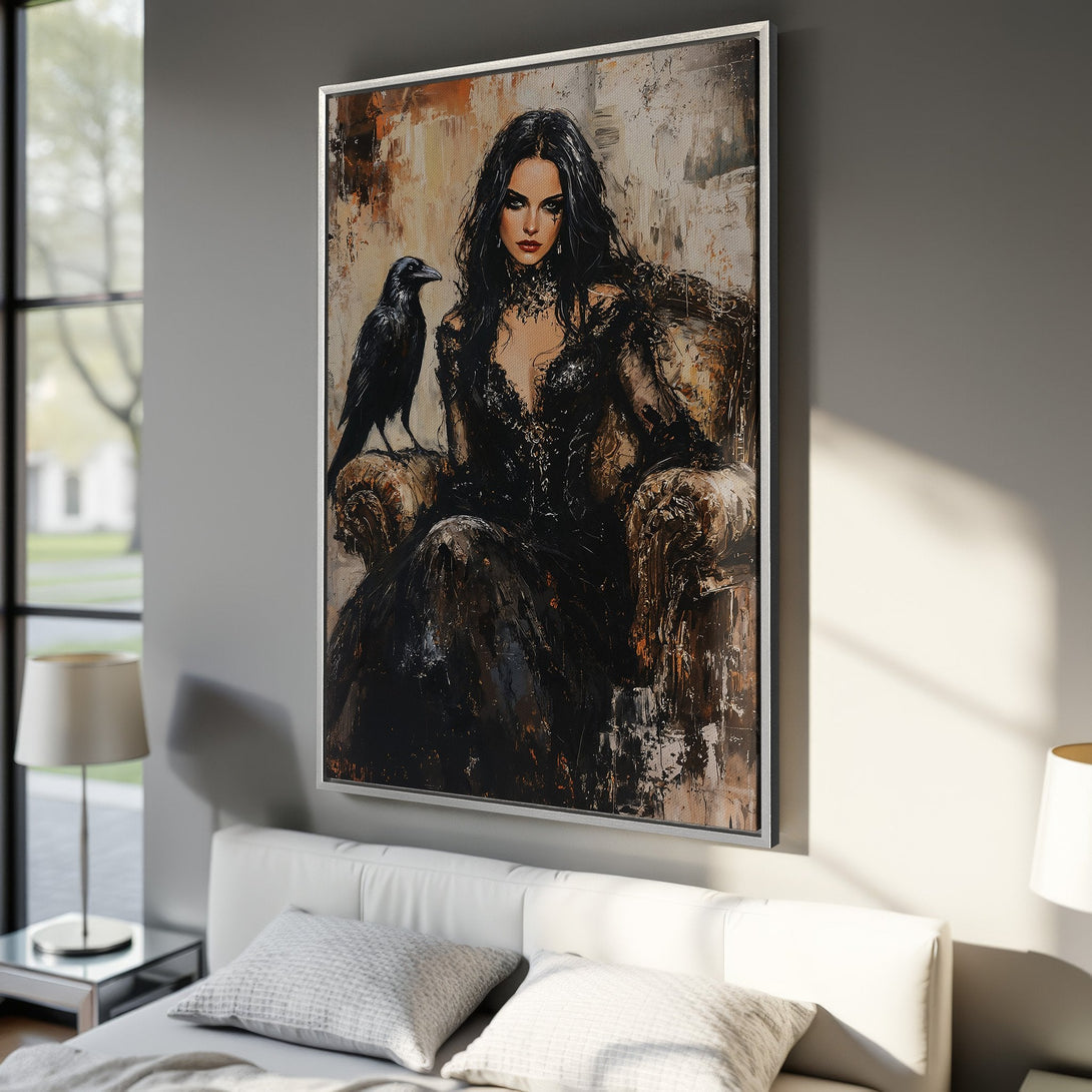 Framed Wall Art: Gothic portrait of a woman with a raven, dramatic style, black, brown, and cream color palette. Perfect for adding a touch of mystery.