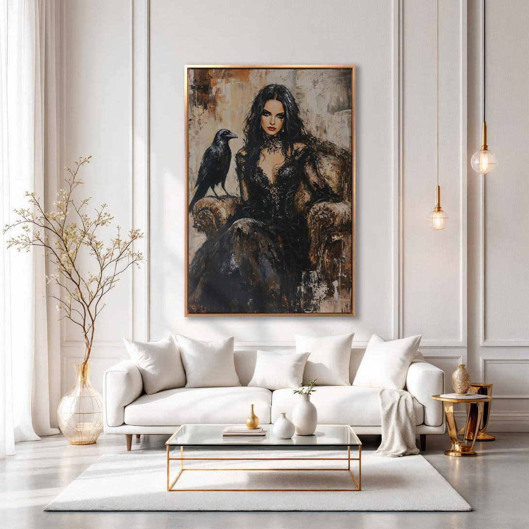 Framed Wall Art: Gothic woman with raven, oil painting style. Dark, moody palette. Elevate your space with this stunning canvas print.