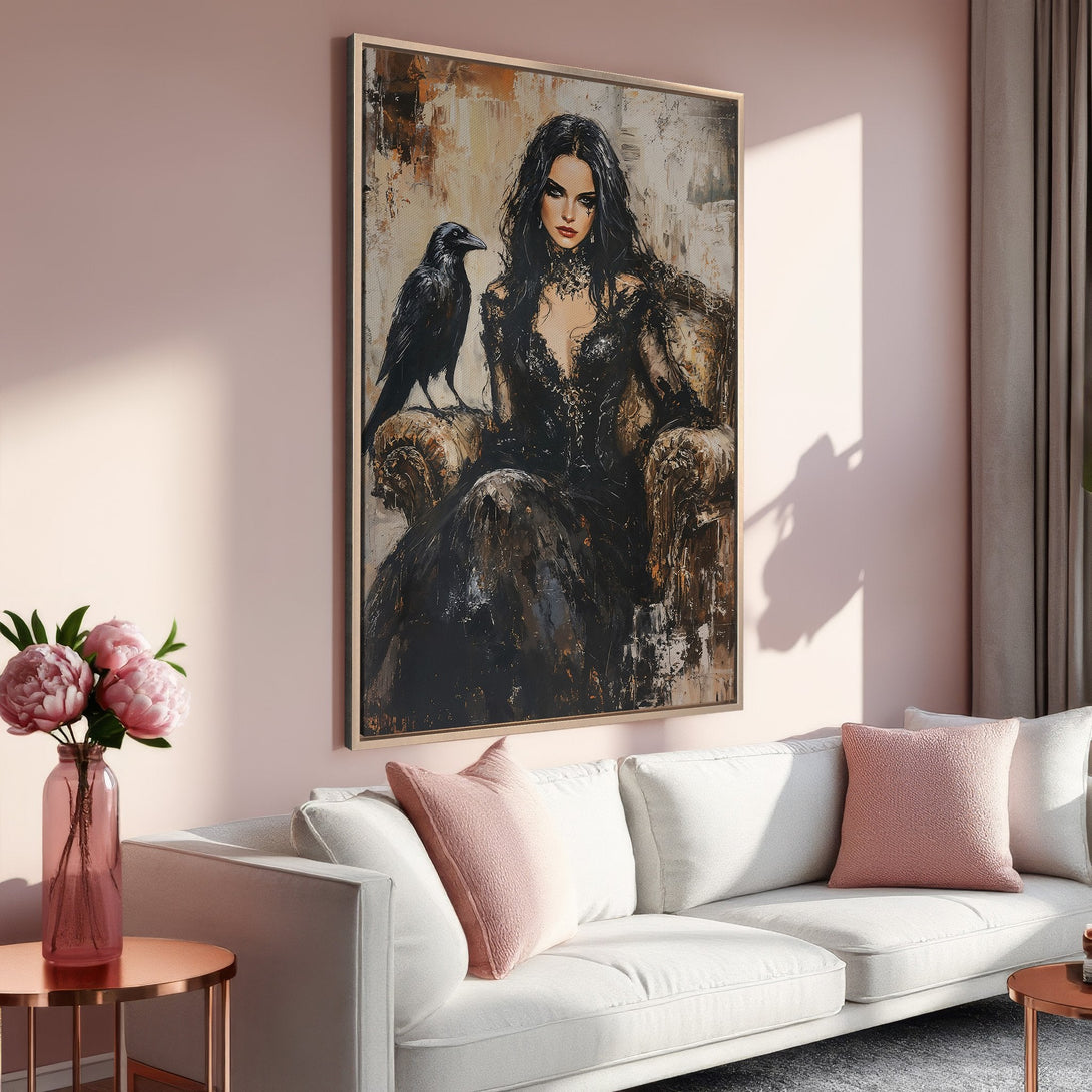 Framed Wall Art: Gothic woman portrait in black and gold, displayed in a modern living room with pink and white accents. Shop stunning canvas art!