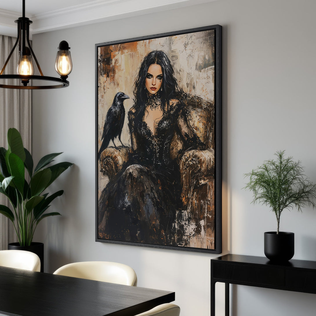 Framed Wall Art: Gothic woman with raven in a dark, moody painting. Black, gold, and red color palette. Perfect for adding a touch of mystery.