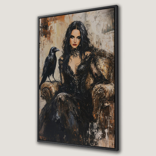 Framed Wall Art: Gothic portrait of a woman with a raven, painted in a dark, moody palette. Perfect for adding an elegant, mysterious touch to your space.