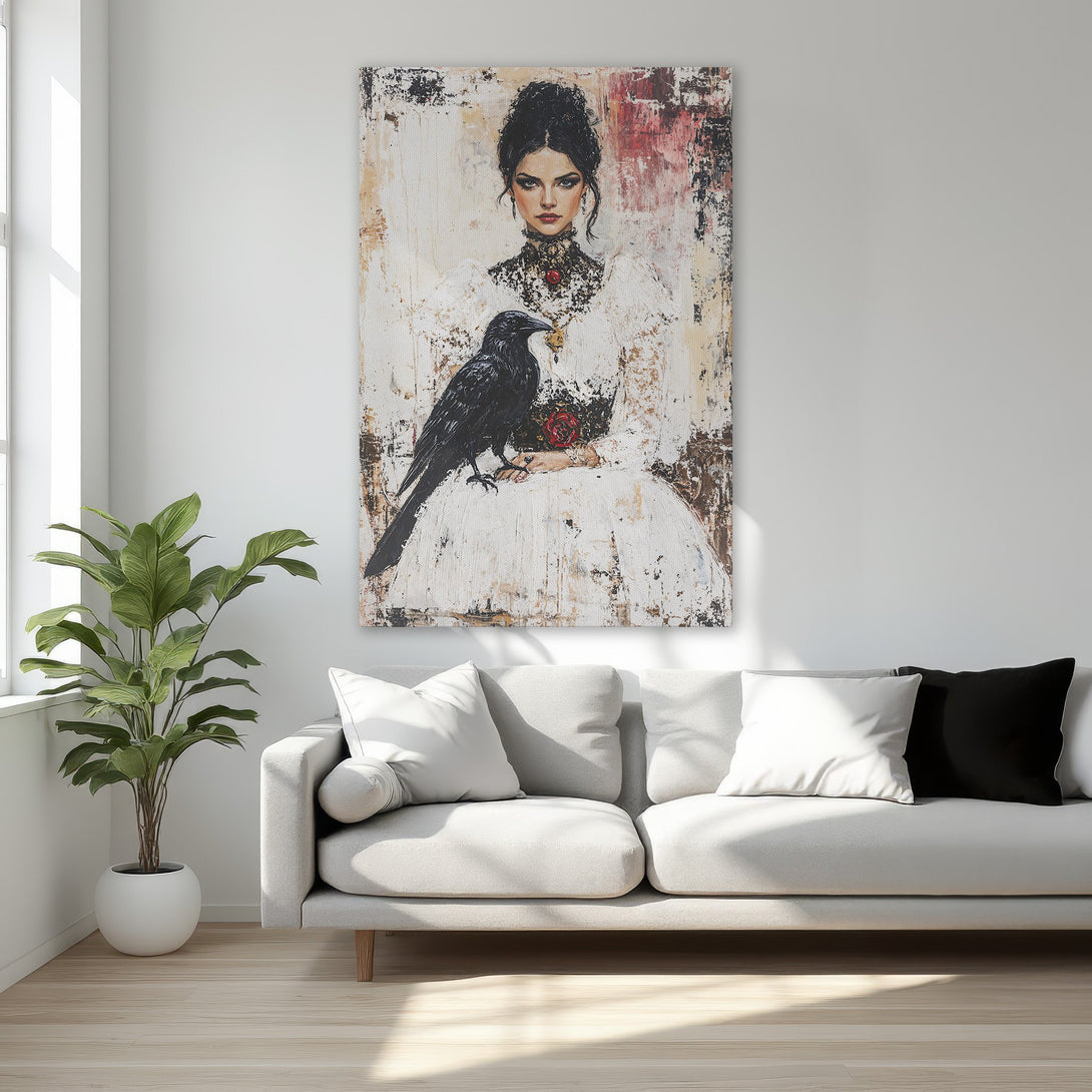 Framed Wall Art: Elegant portrait of a woman with a raven, in a modern abstract style. Features a neutral and red color palette, perfect for bedroom decor.