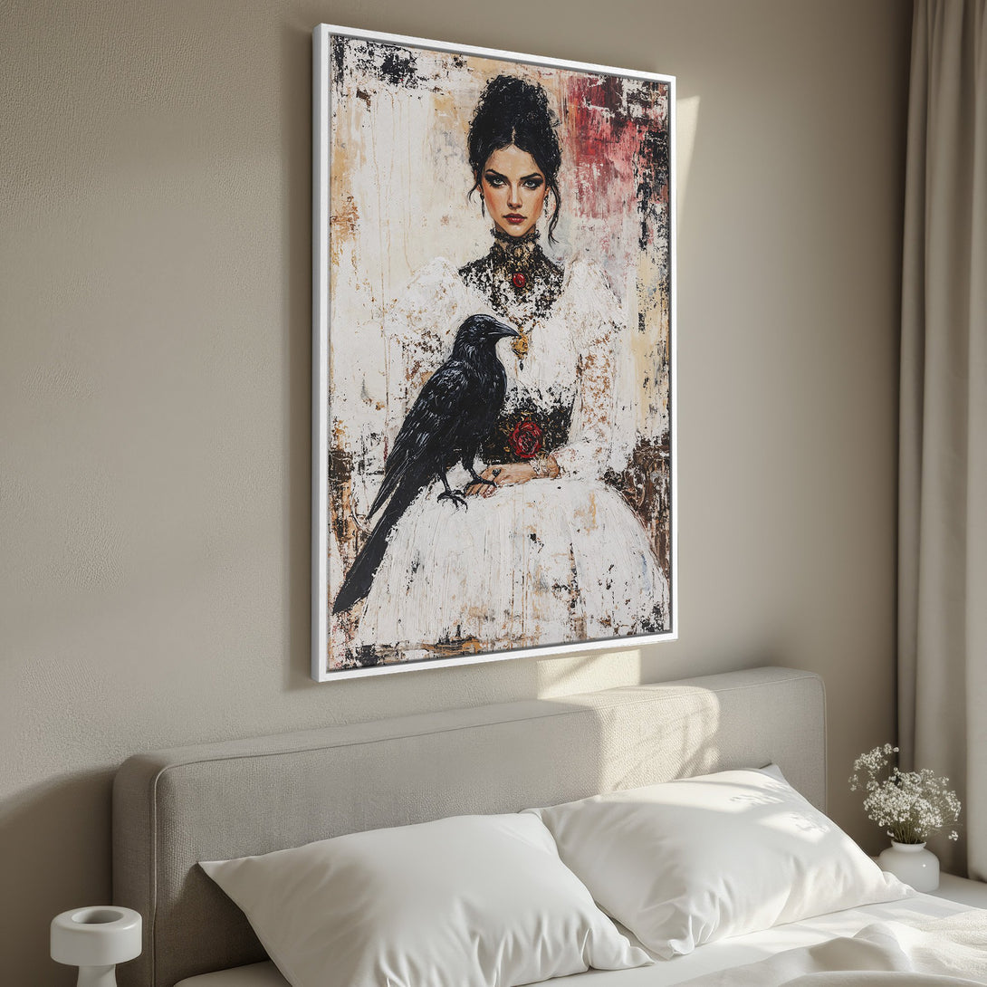 Framed Wall Art featuring a gothic portrait of a woman with a raven, painted in a textured style with a neutral and red color palette. Perfect for bedroom decor.