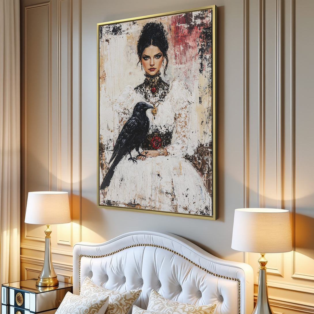 Canvas Print: Gothic portrait of a woman with a raven, in a distressed style. Features a white, black, and red color palette. Elevate your home decor!