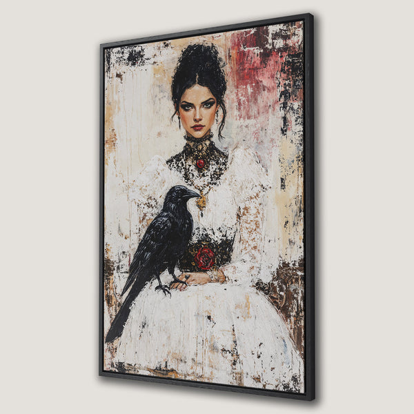 Framed Wall Art: Gothic portrait of a woman with a raven, textured canvas print in a black frame. Features a white, black, and red color palette.