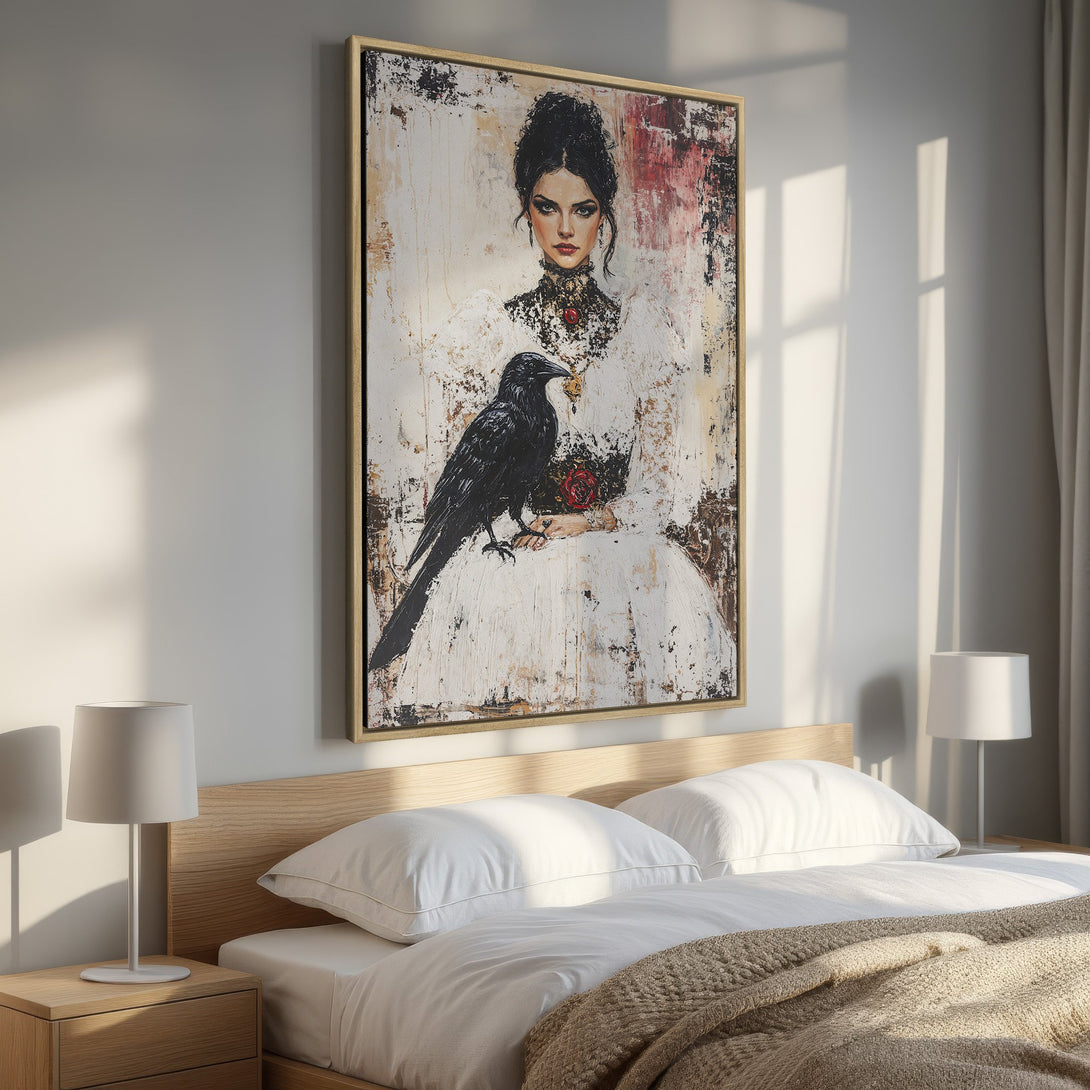 Framed Wall Art: Gothic portrait of woman with raven. Abstract style, neutral & red color palette. Perfect bedroom decor. Shop now!