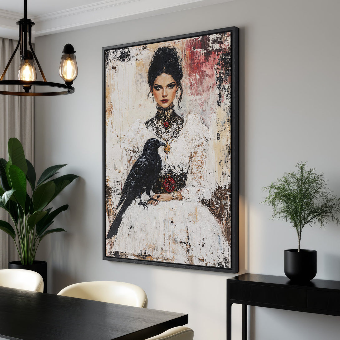 Framed Wall Art: Elegant woman portrait with raven, abstract style, neutral & red palette. Perfect for modern home decor. Shop now!