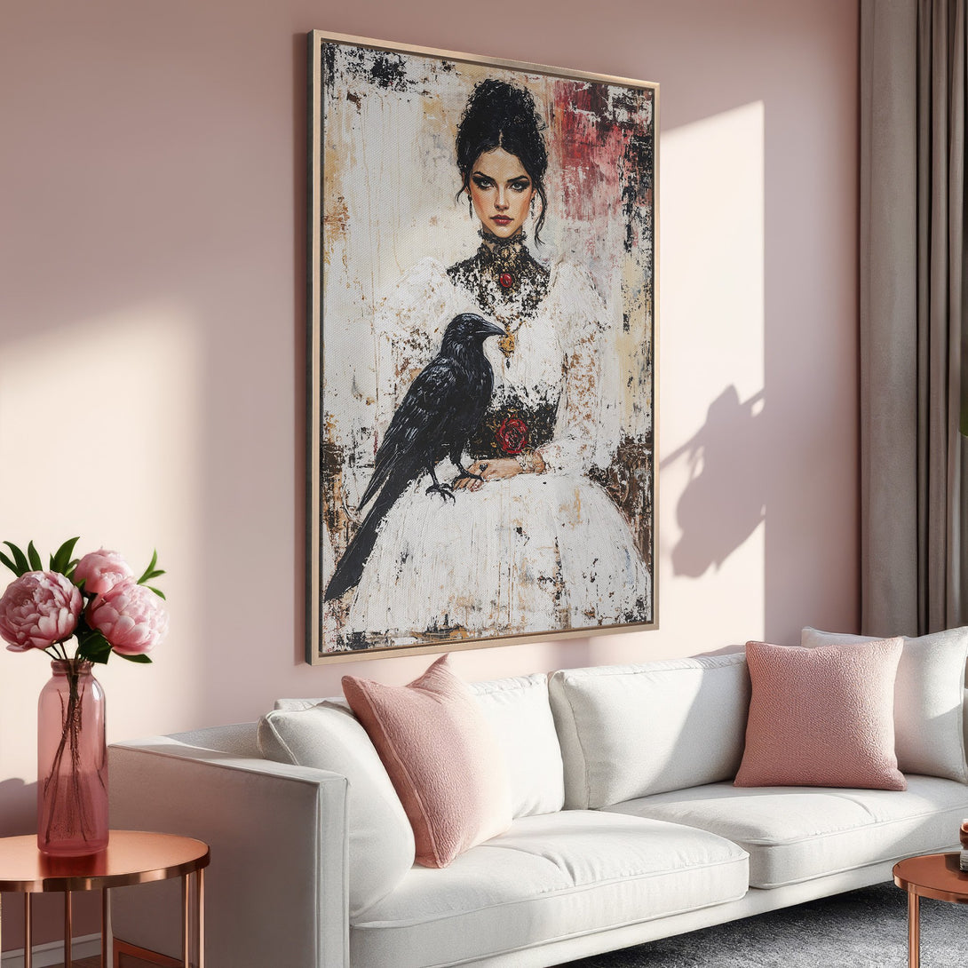 Framed Wall Art: Elegant portrait of a woman with a raven, in a dramatic, textured style. Soft pink and white color palette, perfect for a stylish living room.