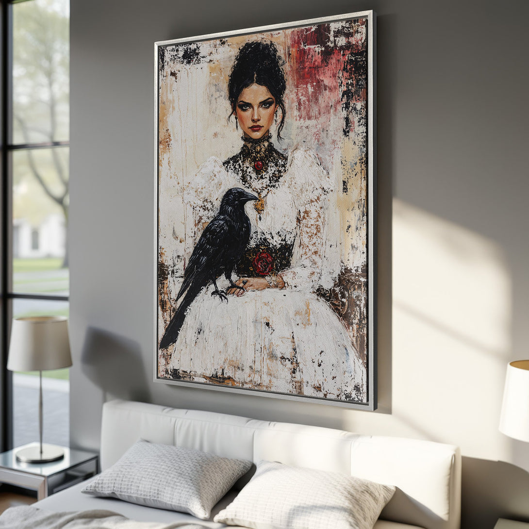Framed Wall Art: Abstract portrait of a woman with a raven, in a white, black, and red color palette. Perfect for adding a touch of gothic elegance to your space.