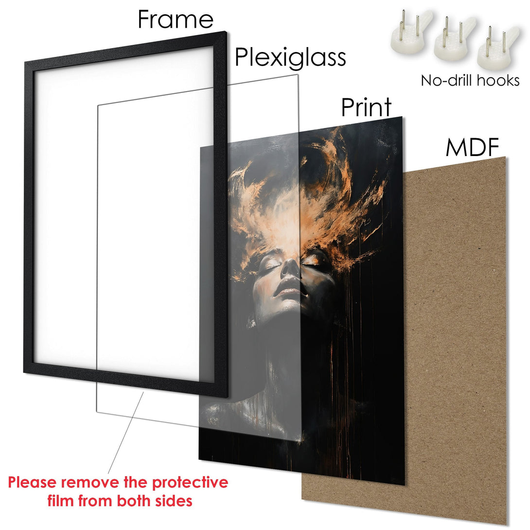 Framed Poster featuring a woman's portrait in a dark, artistic style with a warm color palette. Perfect wall art!