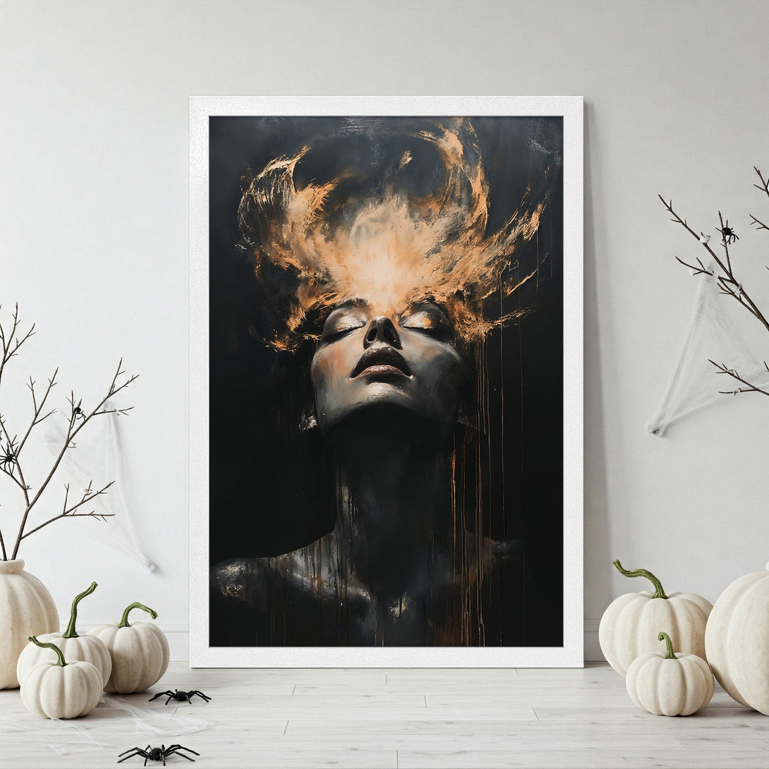Framed Poster of a woman with a halo, dark and gold color palette, artistic style, perfect for adding a touch of mystery to your space.