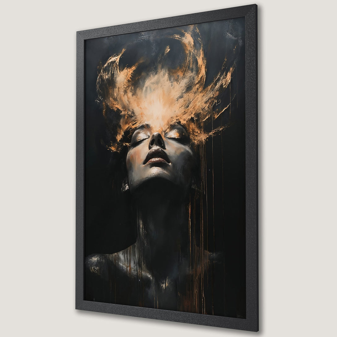 Framed Poster featuring a woman with closed eyes, an abstract style, and a dark, gold color palette. Perfect wall art!