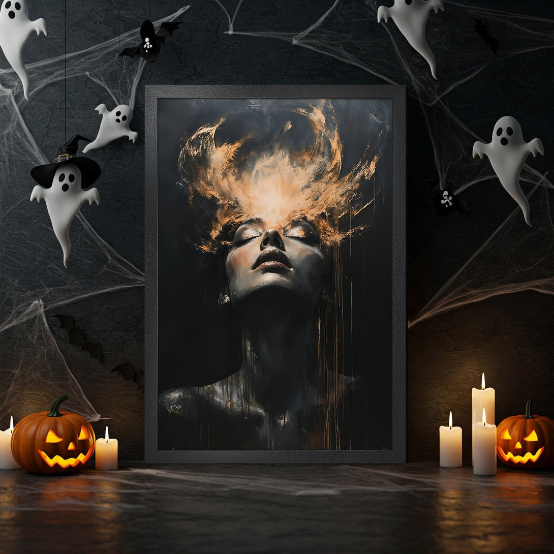Framed Poster featuring a woman with a gold halo, dark and moody art style, black and gold color palette, perfect for Halloween decor.