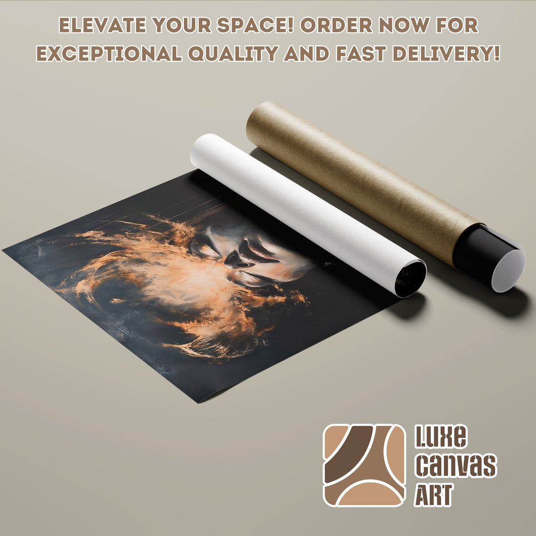 Poster Roll featuring a woman's face, artistic style, with a black, gold, and neutral color palette.