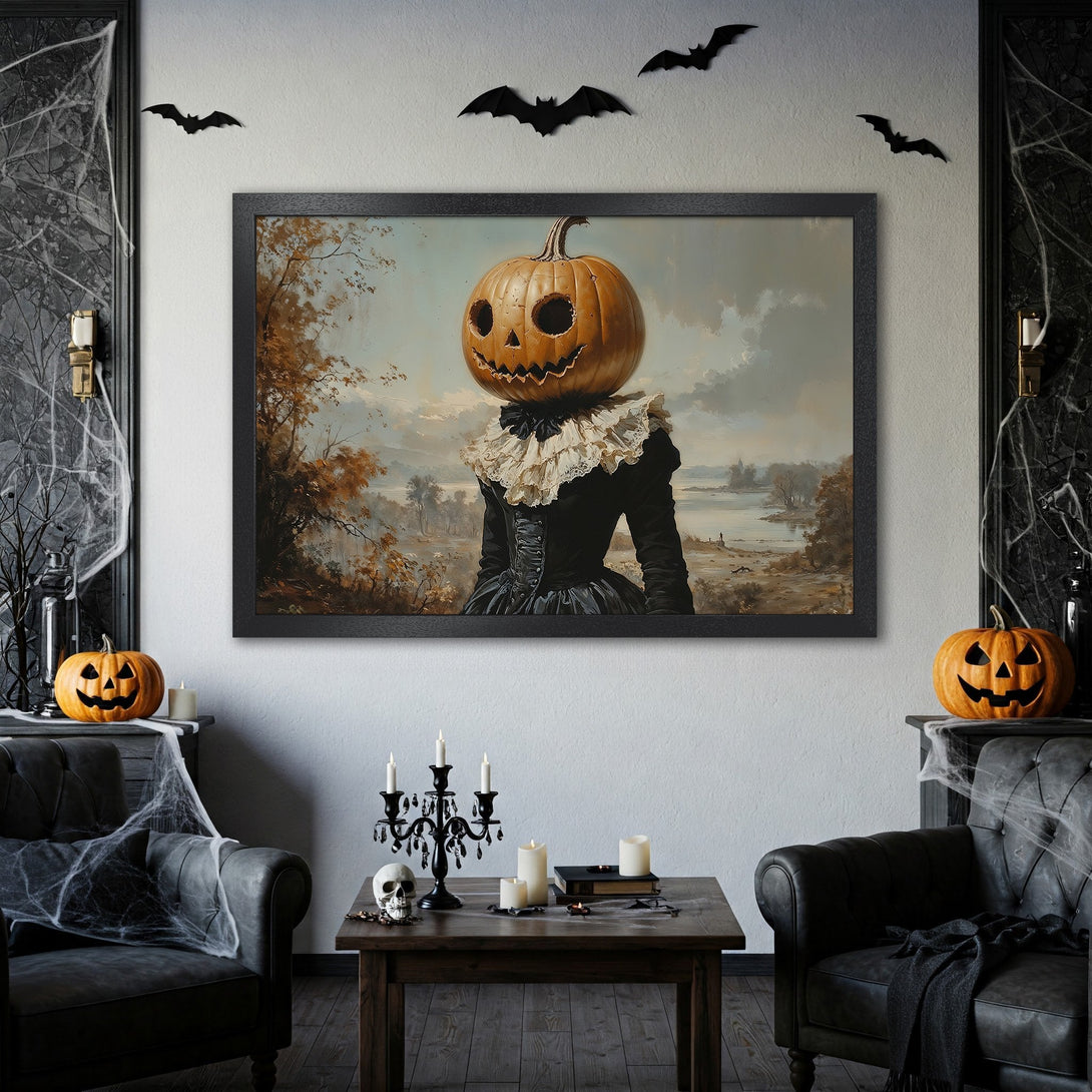 Framed Poster featuring a spooky pumpkin head in a vintage style, with a warm, autumnal color palette. Perfect Halloween decor!