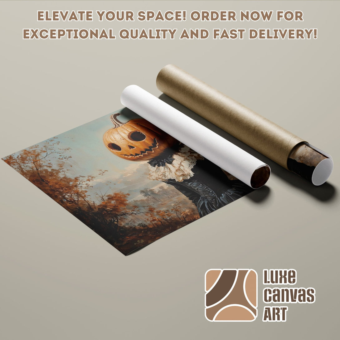 Poster Roll featuring a spooky pumpkin head in a vintage style with a warm color palette.