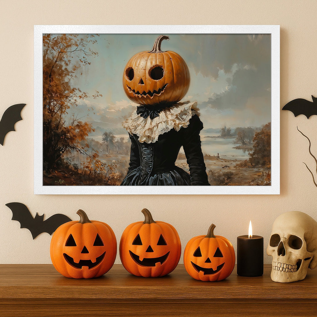 Framed Poster of a spooky pumpkin-headed figure in a vintage style, with an autumnal color palette. Perfect Halloween decor!