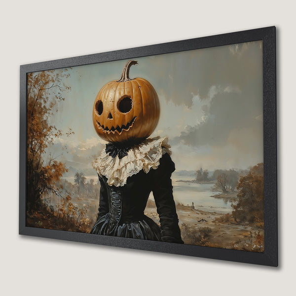 Framed Poster featuring a spooky figure with a pumpkin head, painted in a vintage style with a muted color palette perfect for Halloween decor.