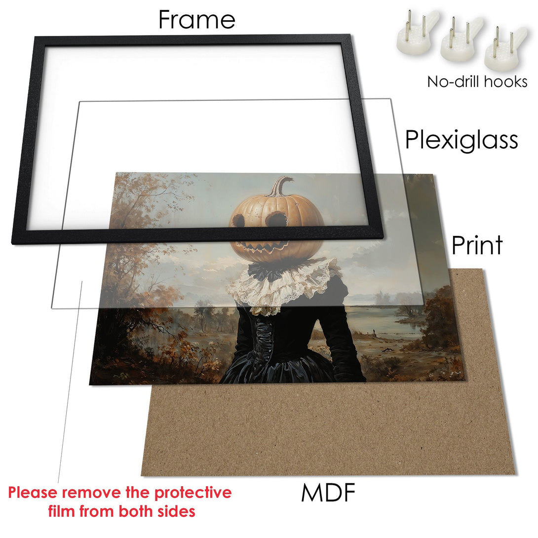 Framed Poster featuring a spooky pumpkin-headed figure in a vintage style, with a muted brown and black color palette. Perfect Halloween decor!