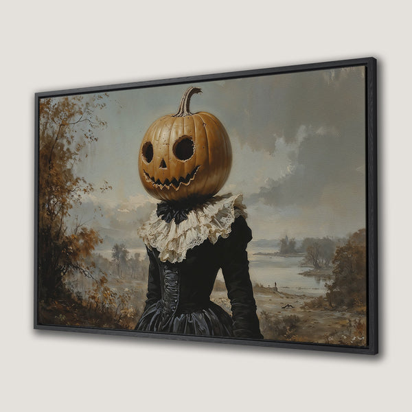 Framed Wall Art: Spooky Halloween portrait of a figure with a pumpkin head in a vintage style, with muted earth tones and a dark frame.