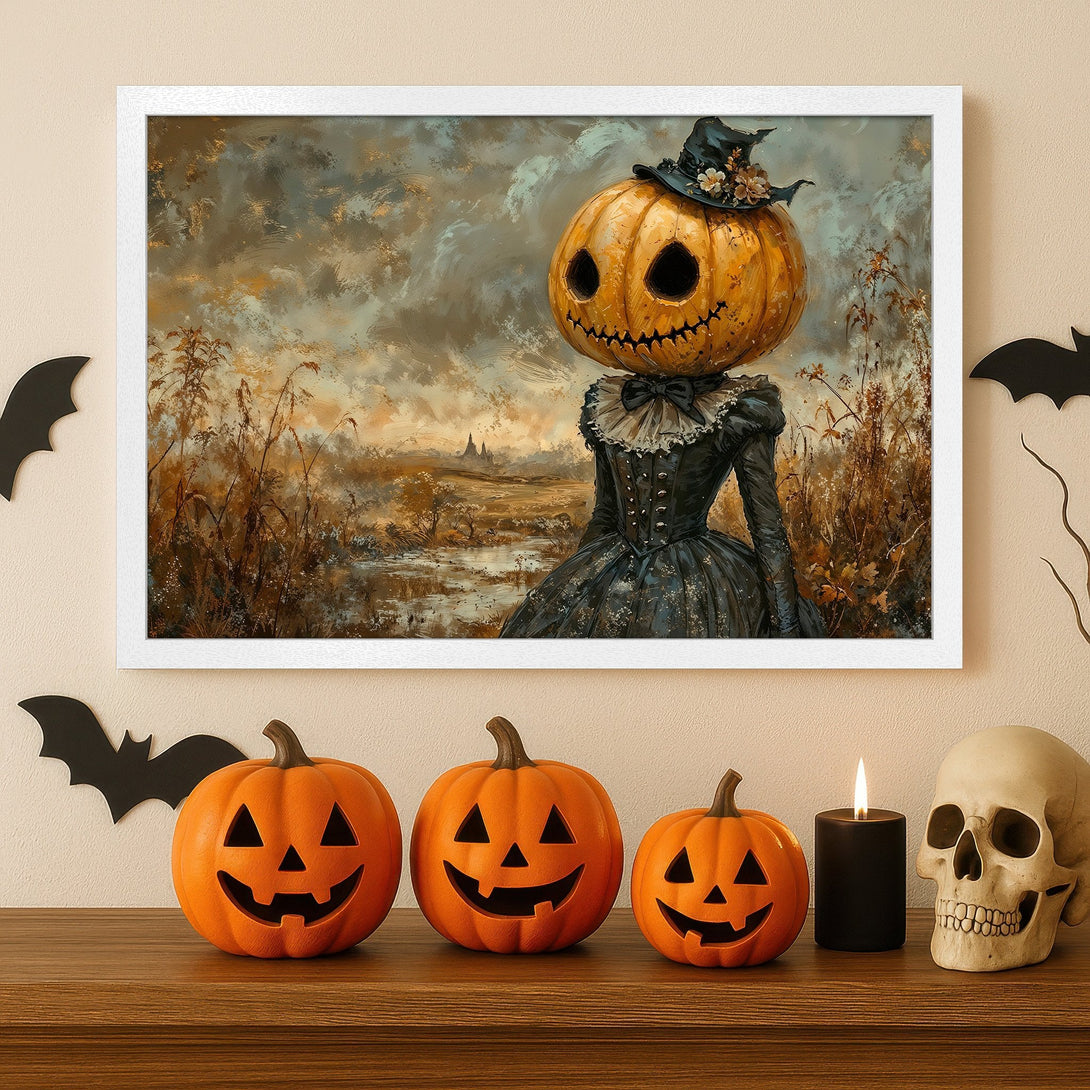 Framed Poster: Spooky pumpkin-headed figure art in a vintage style. Autumnal color palette. Perfect Halloween decor!