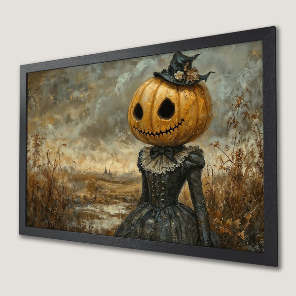 Framed Poster featuring a spooky pumpkin-headed figure in a vintage style, with a muted, autumnal color palette. Perfect Halloween decor!