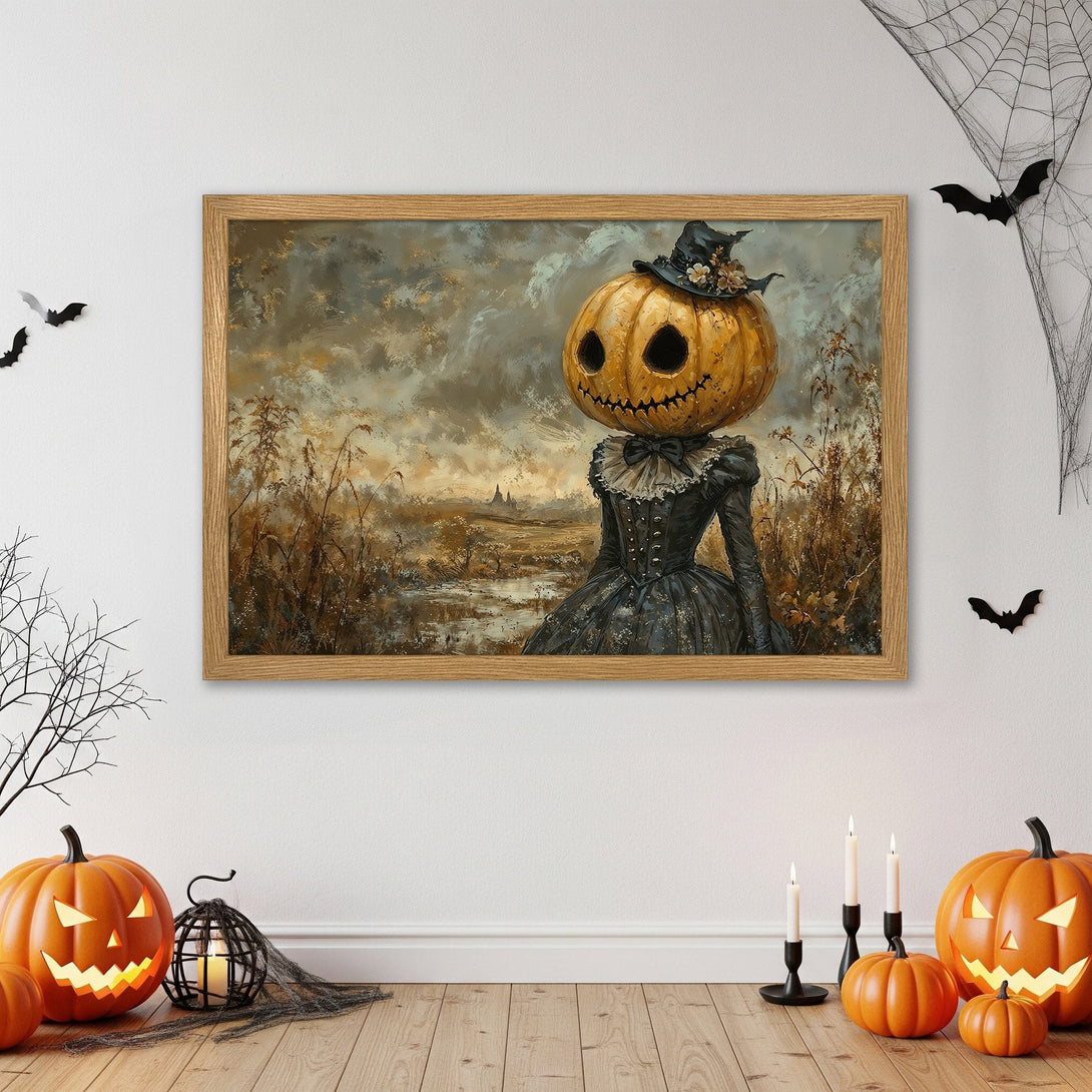 Framed Poster: Spooky Halloween art featuring a pumpkin-headed figure, in a muted, earthy color palette. Perfect for fall decor!