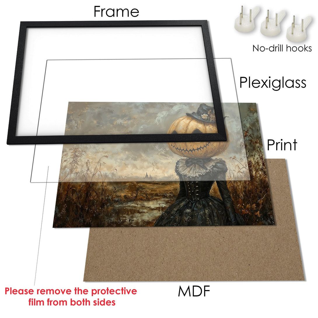 Framed Poster featuring a spooky pumpkin-headed figure in a dark, vintage style with a warm, earthy color palette.