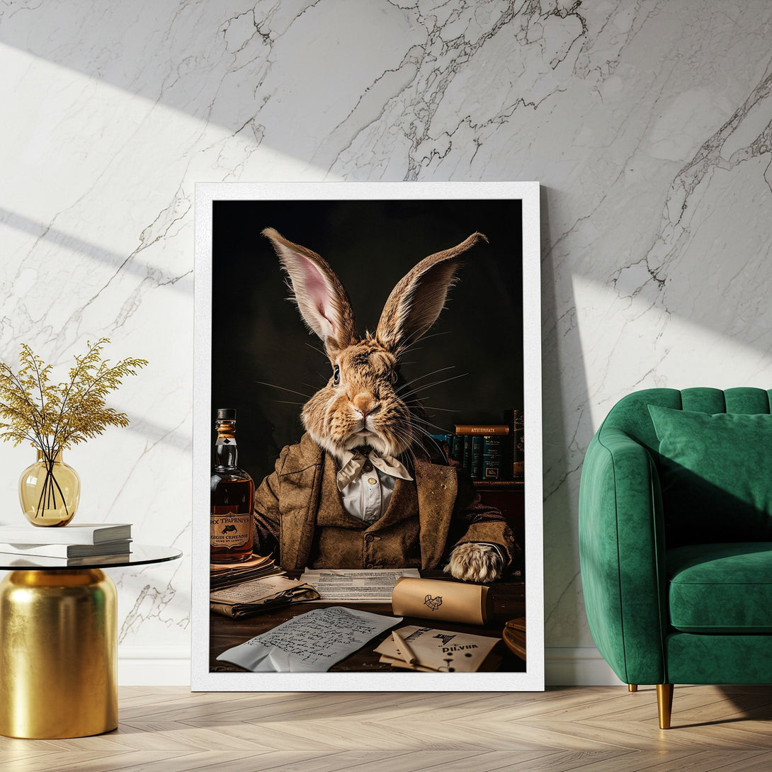 Framed Poster featuring a dapper rabbit in a vintage style, warm brown and green tones, perfect for adding character to any room.