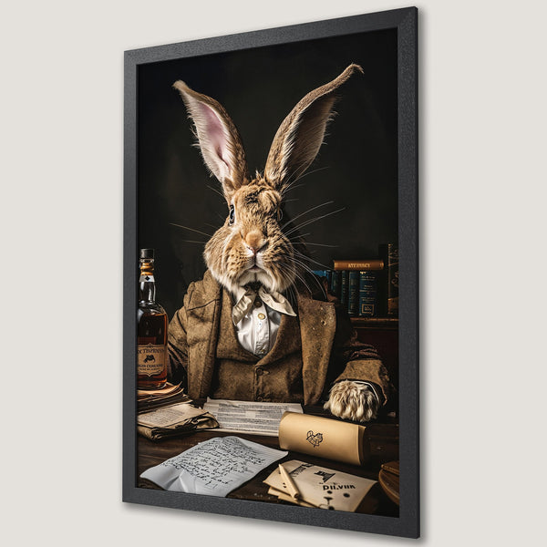 Framed Poster featuring a dapper rabbit in a suit, vintage style, warm brown and black color palette, perfect for home decor.