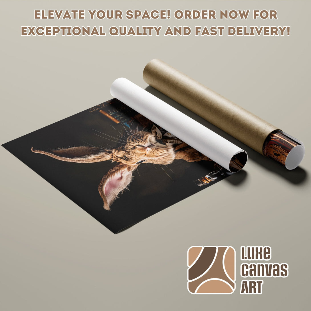 Poster Roll featuring a whimsical cat portrait, dark & warm color palette, perfect for wall decor.