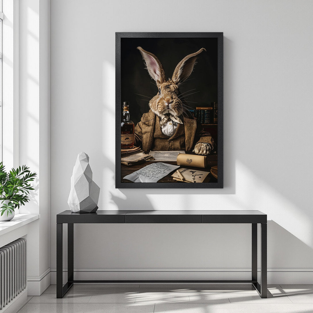 Framed Poster featuring a dapper rabbit in a suit, vintage style, warm brown tones. Perfect wall art!
