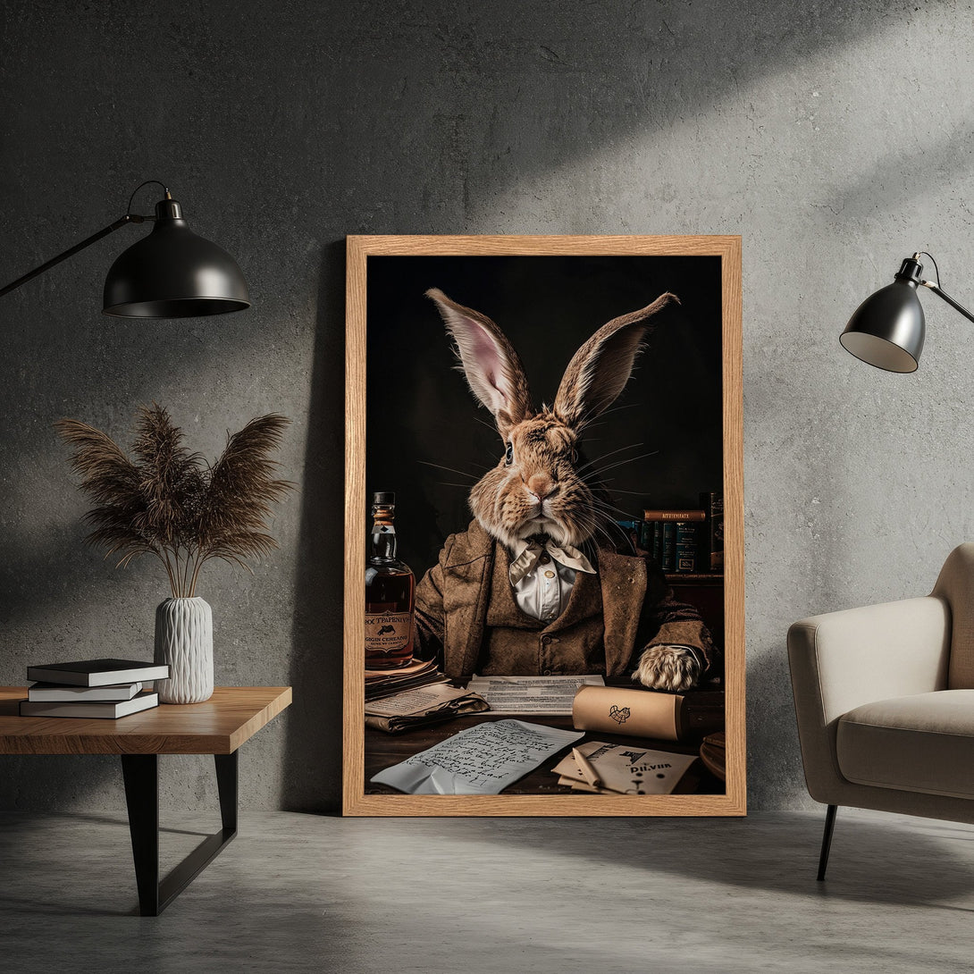 Framed Poster featuring a dapper rabbit in a brown suit, vintage style, with a warm, neutral color palette.