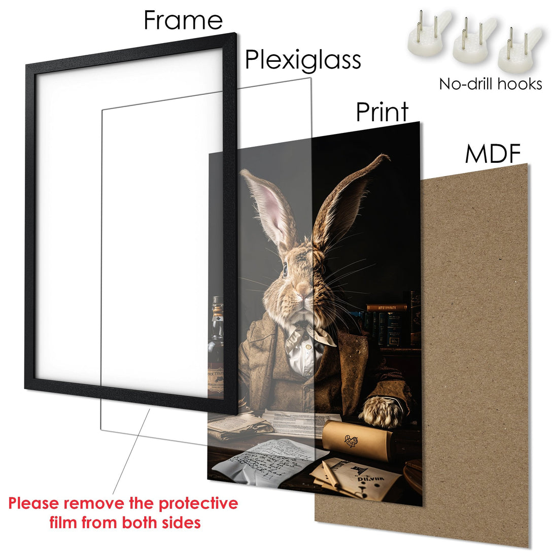 Framed Poster featuring a dapper rabbit in a vintage style, with a warm, neutral color palette. Perfect wall art!